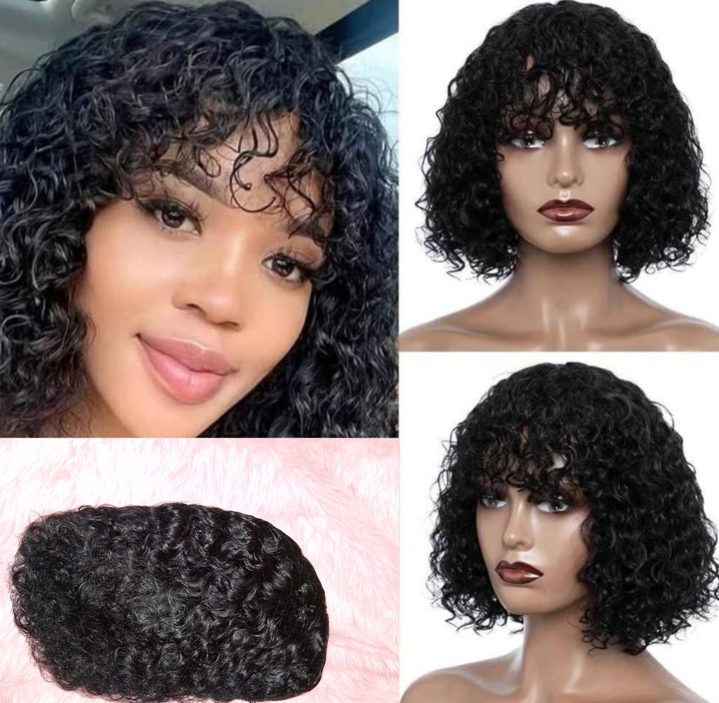 10" 10A Virgin Peruvian Jeri Curly Remy Wig With Bangs (No Lace)