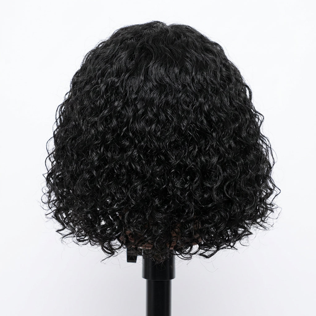 10" 10A Virgin Peruvian Jeri Curly Remy Wig With Bangs (No Lace)